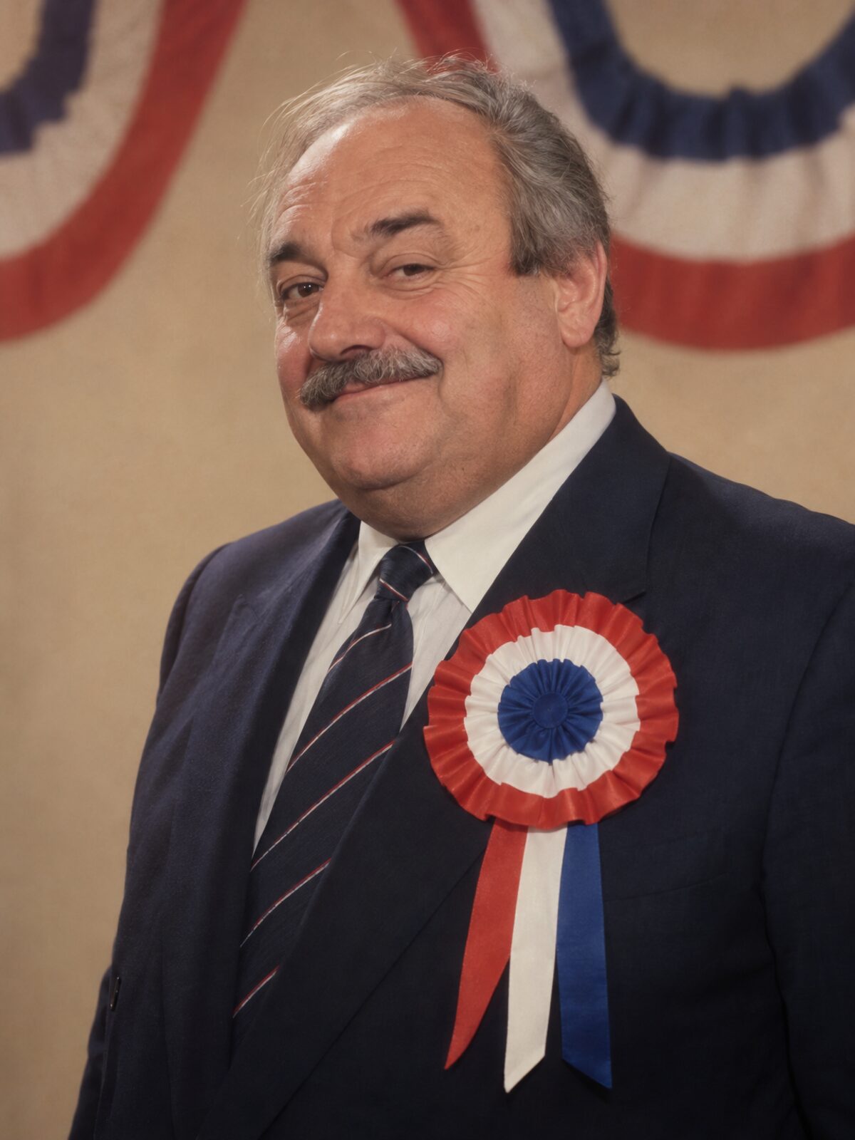 Portrait officiel de Gérard Moustier, moustache grise et rosette tricolore surdimensionnée